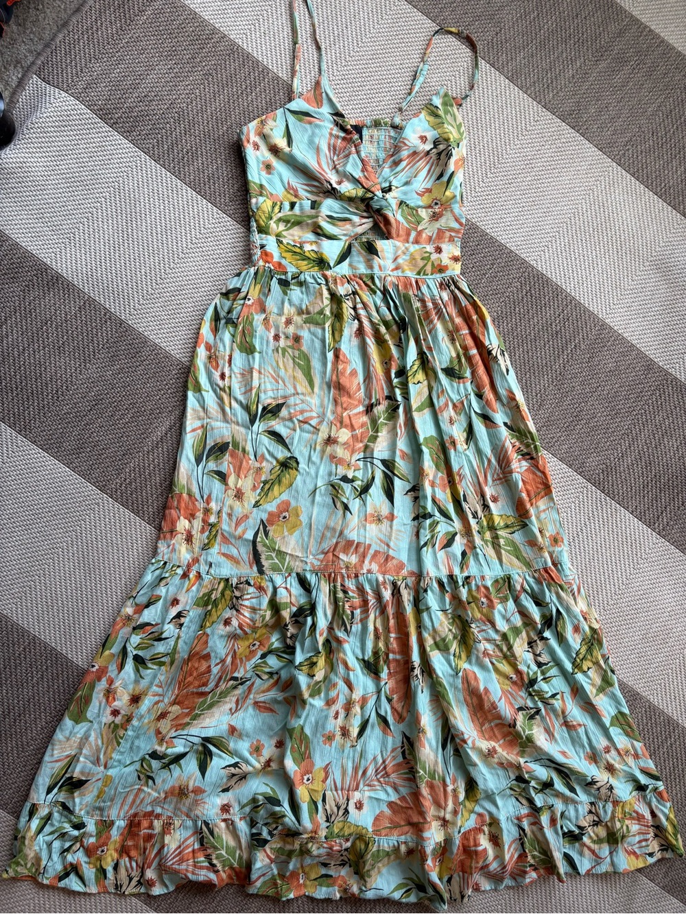 AngieTropical Floral Midi Dress in Aqua and Rust